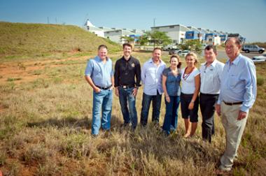 Seen on site at the launch of Ballito Services Park North are from left: Bruce Mungal (of ComProp), developers Christo Engelbrecht and Justin Rosewarne (JR Property Group), Shani Dickson (ComProp), Jenna Venter (ComProp), Greg Kruger (Greg Kruger Properti