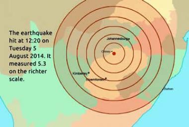 Graphic showing the epicentre of the magnitude 5.3 earthquake which struck South Africa, claimimg at least one life in Orkney North West.